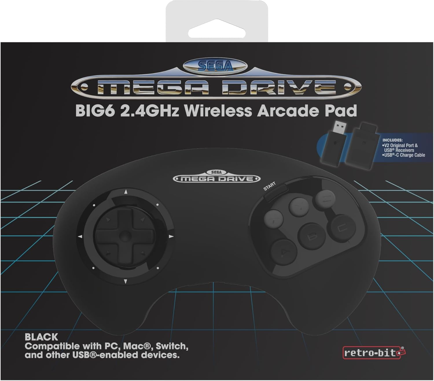 Retro - bit - Manette Noire BIG6 Sega Mega Drive & Genesis - Sans fil 2.4Ghz - Manettes - retro - bit - Shop Just for Games